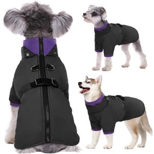 Kuoser Dog Coat Warm Dog Jacket with Harness Built in, Windproof Dog Cold Weather Coats Dog Winter Snowsuit with Zipper, Soft Dog Turtleneck Padded Vest Pet Thermal Clothes Medium Black and Purple