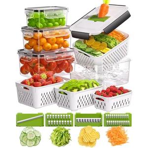 4 Pcs Fruit Storage Containers for Fridge with Vegetable Chopper Set & Removable Colander, Airtight Food Storage Containers with Mandoline Slicer, Dishwasher & Microwave Safe