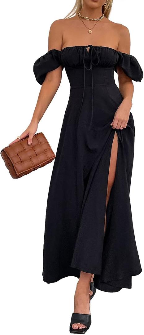 KUTUMAI Women Summer Puff Sleeve Off Shoulder Floral Flowy Long Maxi Dress (Black, L)