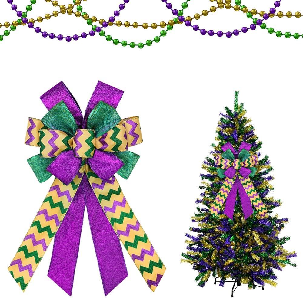 Large Mardi Gras Bows for Wreath, Green Purple Glitter Decorations, Fat Tuesday Holiday Tree Topper, Front Door Decor (Style 1: Wave)