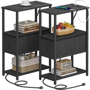 TUTOTAK Small Narrow End Table with Charging Station, Set of 2, 1 Drawer