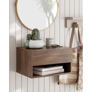Floating Nightstand, Small Modern Floating Nightstand with Drawer, Floating Shelves for Bedroom, Bathroom (Brown Walnut)
