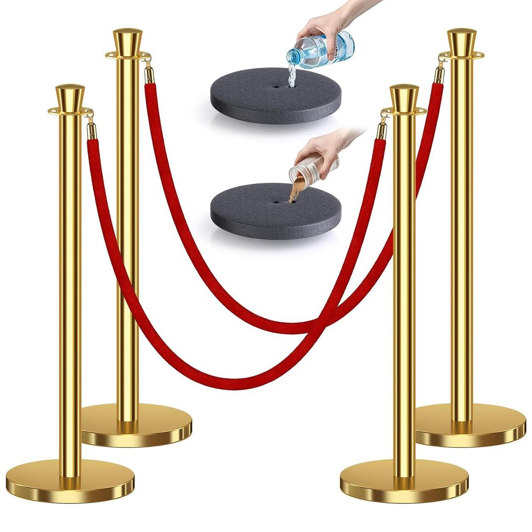 4 x kaiyomi 4Pcs Stanchions with Red Velvet Ropes Set, 5 Feet Velvet Ropes and Posts Poles for Red Carpet Party Decoration and 360 Photo Booth (Golden)