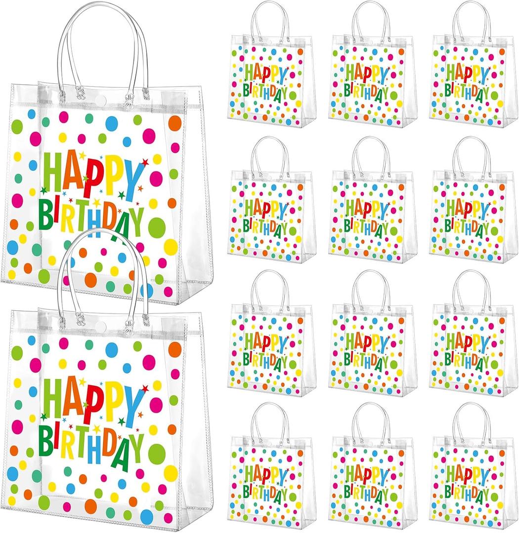 Kacctyen 24 Pcs Birthday Gift Bags for Party Favor Clear Birthday Goodie Bags with Handle 7.87 x 7.87 x 3.15 Return Gift Wrap Totes for Guests Treat Candy Wrapping