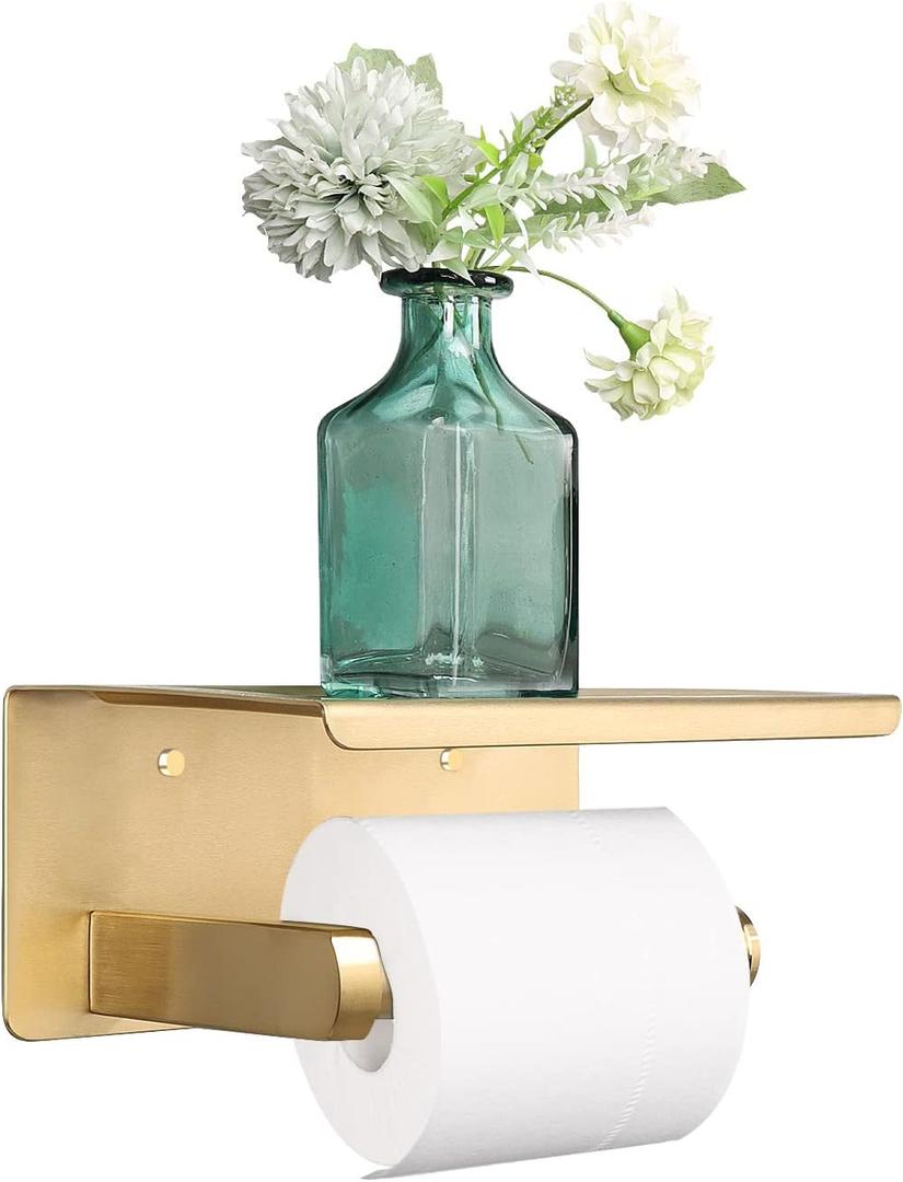 NearMoon Toilet Paper Holder with Shelf, Heavy Duty Bath Toilet Roll Holder with Phone Shelf Tissue Hanger for Bathroom/Kitchen No Drill or Wall Mounted(304 Stainless Steel, Brushed Gold)