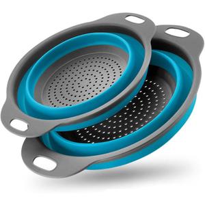 Collapsible Colander Set of 2 Silicone Kitchen Strainer Set, Perfect for Draining Pasta, Vegetable and fruit for Kitchen and Travel Use (Blue)