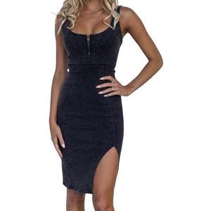 utcoco Denim Dress for Women Sleeveless Side Slit Bodycon Midi Jean Dresses for Women 2025 size M Black