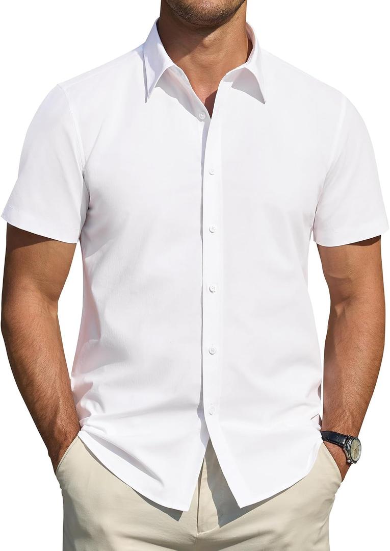J.VER Men's Short Sleeve Dress Shirts Stretch Stain Shield Casual Button Down Shirts Solid Formal Shirt (White, XL)
