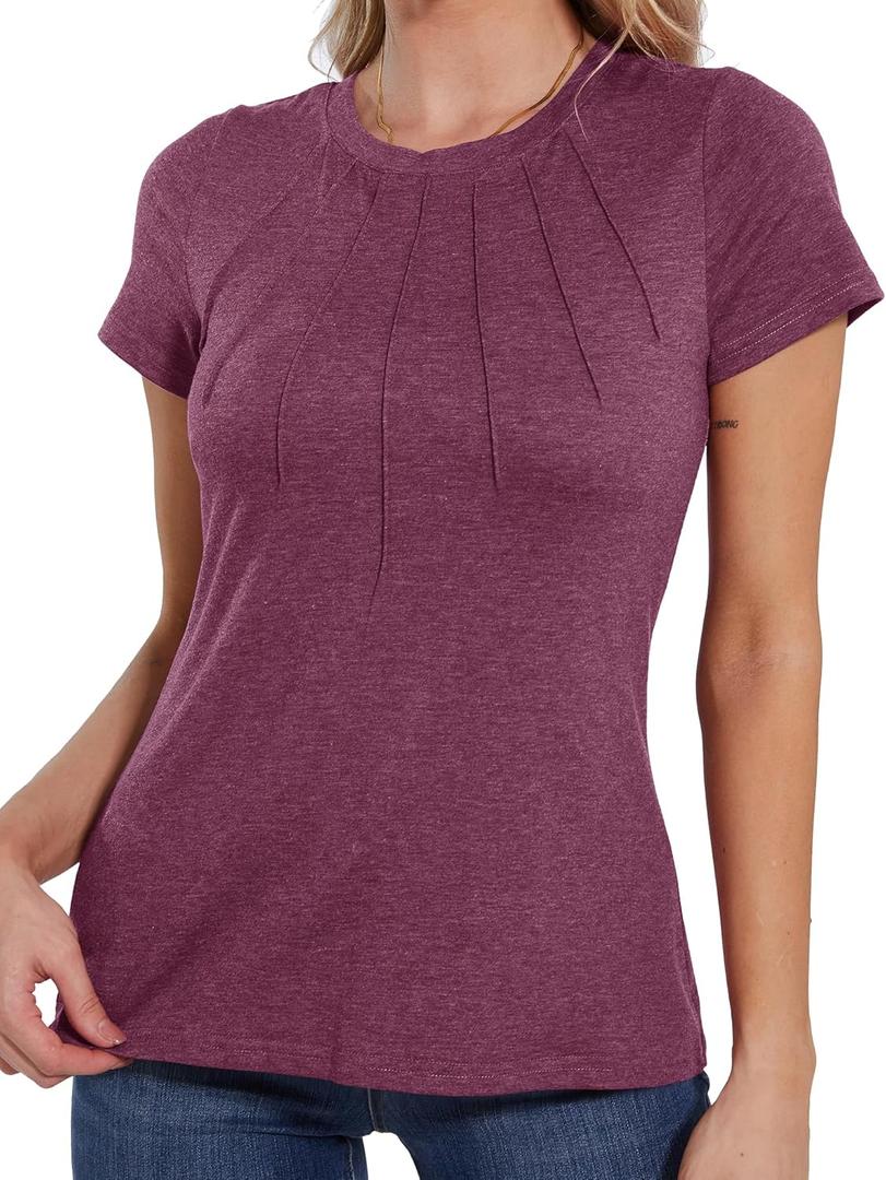 BATHRINS Womens Summer Comfy Tops Dressy Casual Crew Neck Pleated Fitted Short Sleeve T Shirts Tunic Blouses L Pink