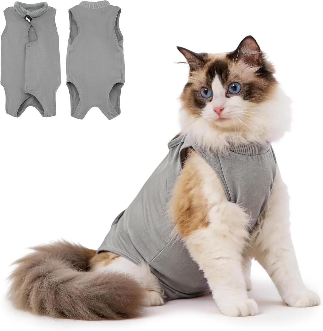 Avont Cat Recovery Suit Female Kitten After Spay Surgery, Breathable Modal Cotton Cat Onesie for Wound & Skin Disease Care, Machine Washable -Grey(L)