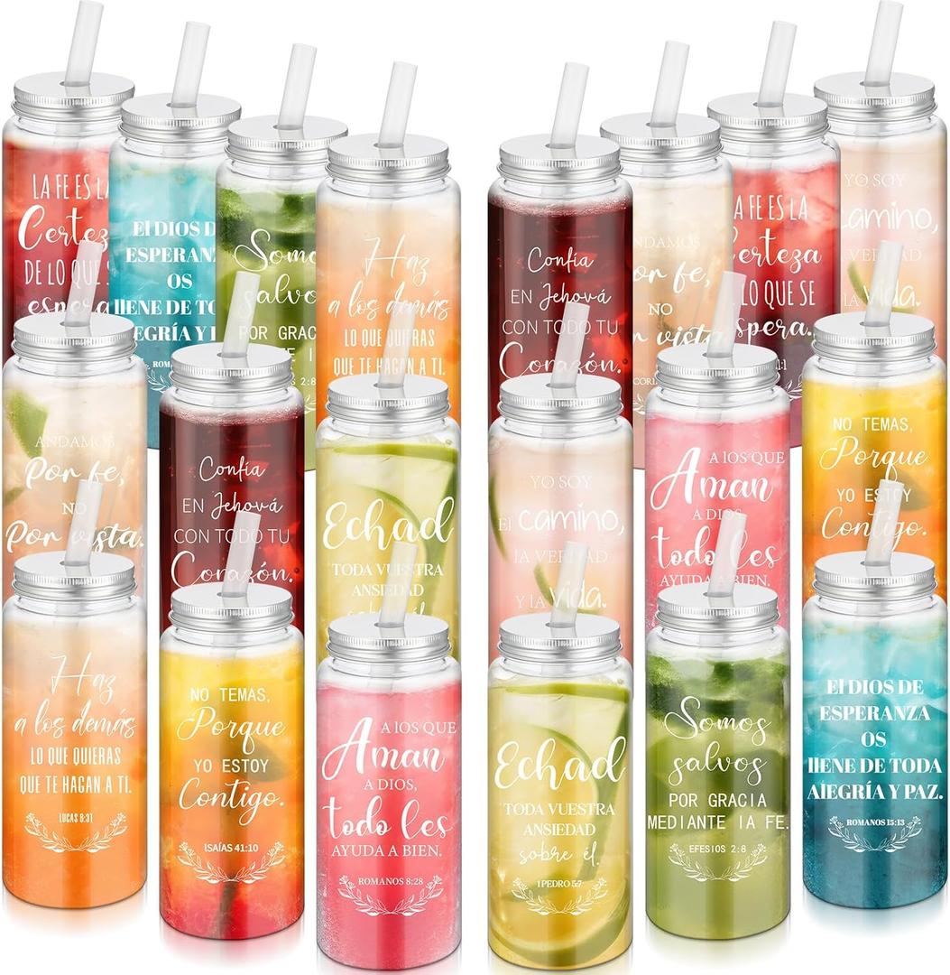 LemonRoad 20 Pack Christian Gift Mother's Day Religious Cups Bulk 13.5 oz Bible Verse Plastic DIY Mason Jar Cups with Straw Lid Reusable for DIY Craft Church Coworker Employee Gift Decoration(Spanish)