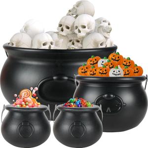 Halloween Large Cauldron Kettles, 4 in 1 [12.6"+7.7" +5.7"+ 5.7 "] Witch Cauldrons, Plastic Black Witch Pot, Treats & Punch Bowl, Candy Holder, Halloween Party Favor for Indoor Outdoor Decoration