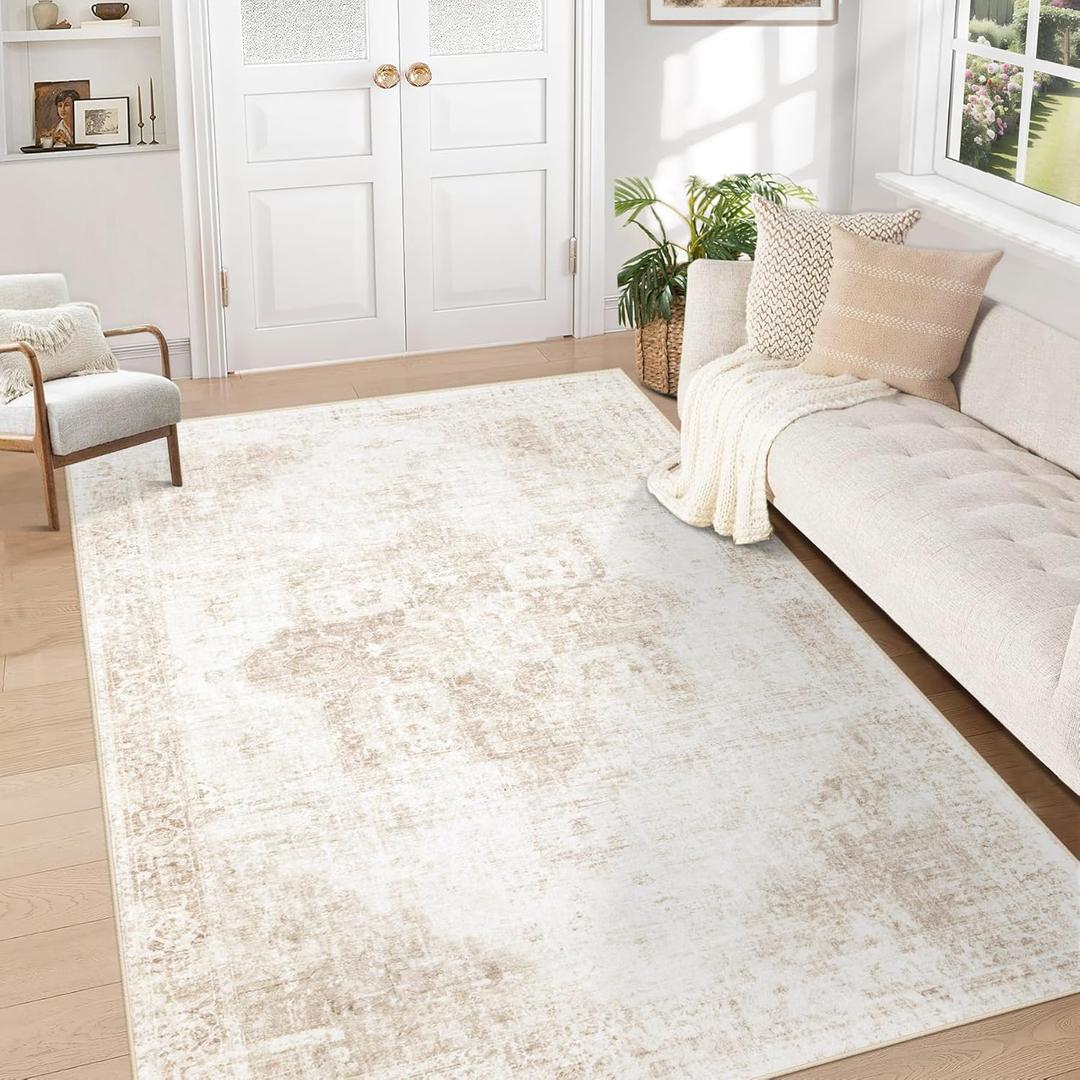 5x7' Area Rug Washable Rug, Vintage Boho Medallion Rugs Non-Slip Soft Low Pile Large Distressed Rug Indoor Retro Carpet for Living Room Bedroom Dining Room Home Office (Beige)