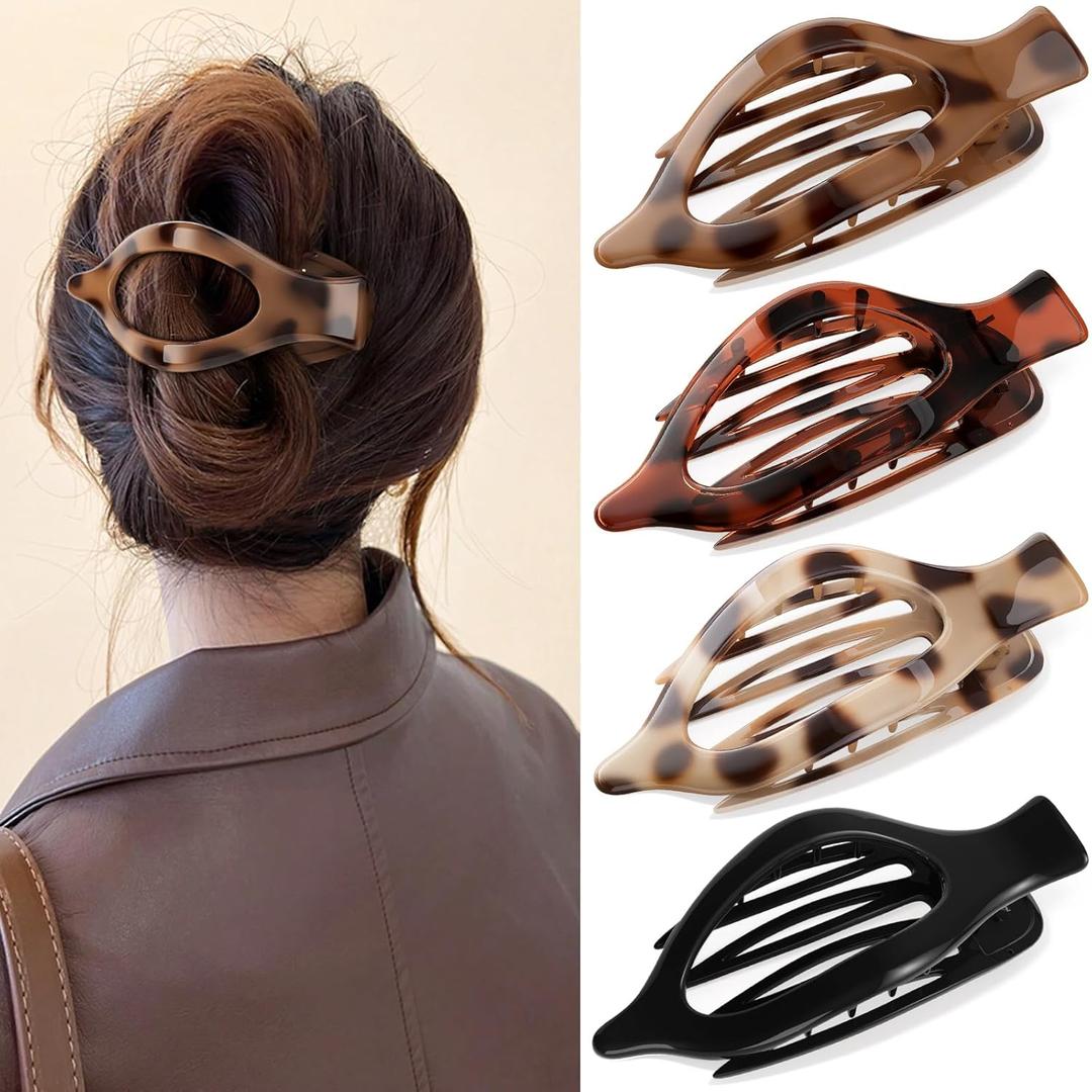4 PCS Large Flat Hair Clips for Women Girls, French Concord Lay Down Claw Clips for Thick Thin Hair, Comfortable Curved Flat Clip, Leopard Print Stylish Strong Hold Hair Accessories, Tortoise