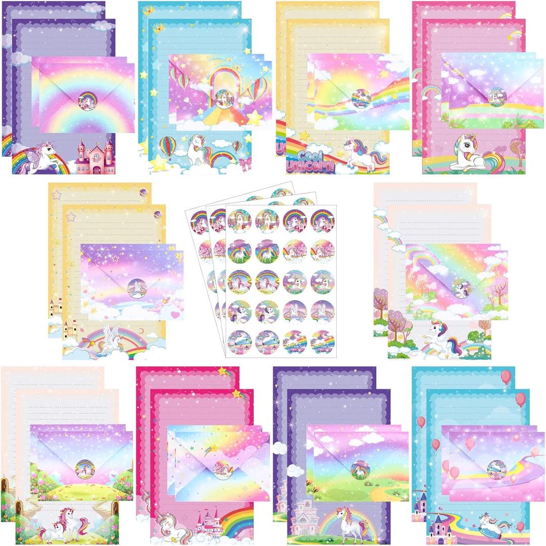 TaoBary 160 Packs Stationery Paper Set (50 Double Sided Stationery Writing Papers 50 Matching Envelopes) 60 Round Dot Sticker, 10 Design(Unicorn,5.5 x 8.25 Inch)