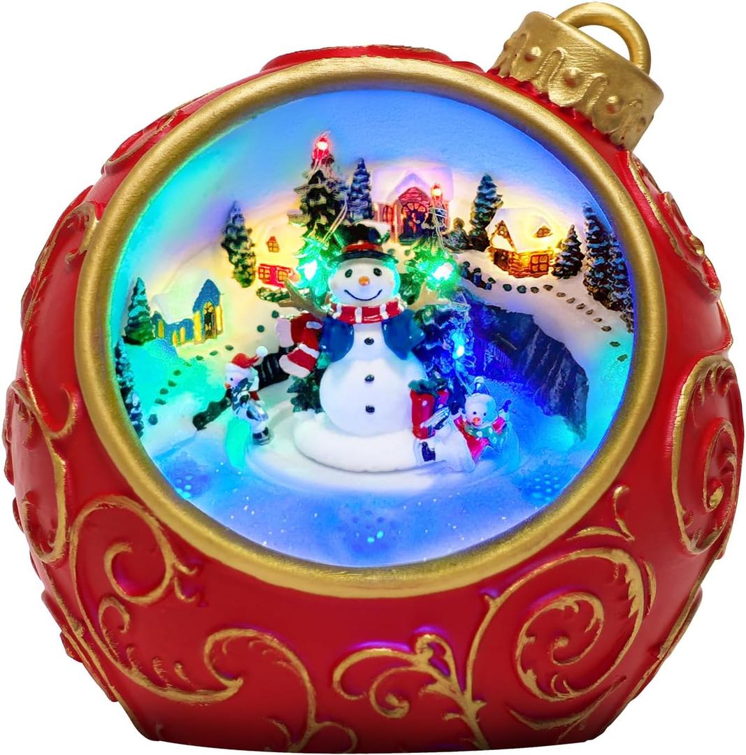 6.3" Animated Musical Christmas Village Figurines with Rotating Skiing Snowman and Lights, Auto 6H Timer and Volume Control, USB-C/Battery Powered Christmas Decorations for Table Decor Xmas Gift, Christmas Ball Rotating Skiing Snowman