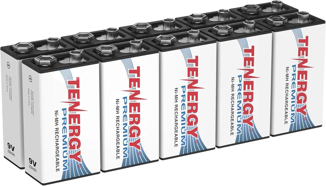 Tenergy Premium 9V Batteries Rechargeable High Drain 250mAh NiMH 9V Square Battery for Smoke Alarm/Detector, 10 Pack