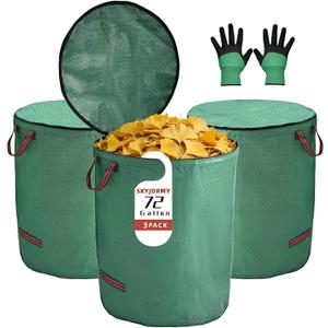 3-Pack Reusable Yard Waste Bags with Lid, 72 Gallon Heavy Duty Lawn and Leaf Bags with Gardening Gloves, Self-Standing Collapsible Garden Waste Container with 4 Reinforced Handles for Debris & Grass