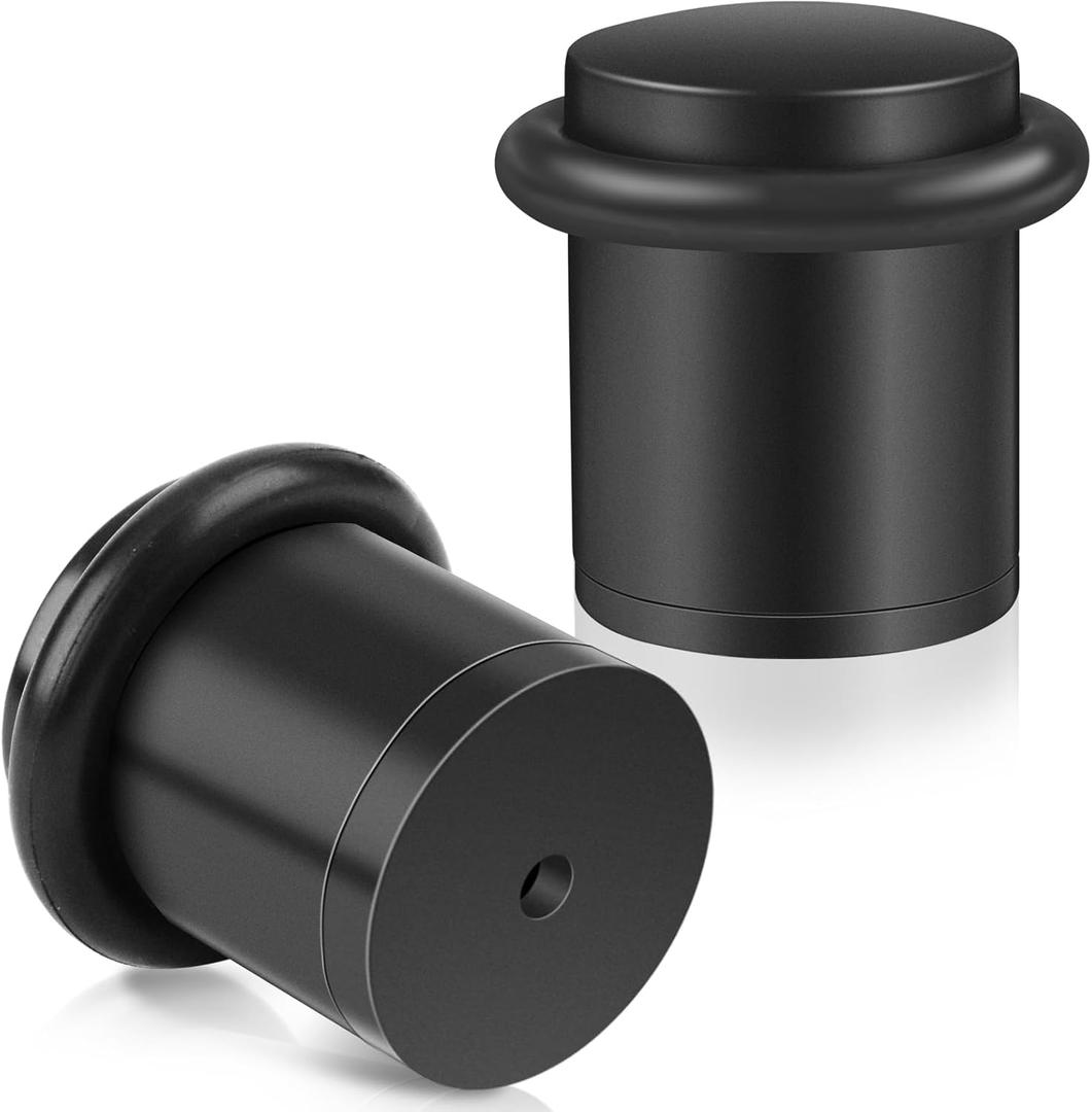 Door Stoppers, 1.5 Inch Black Door Stops, Floor Door Stopper for Bottom of Door with Rubber Bumper, Solid Modern Cylindrical Doorstop for Wall Protector, 2 Pack