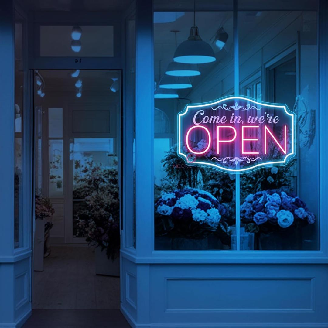 LED Neon Open Sign for Business, Adjustable Brightness Neon Lights for Party Bar Salon Stores Hotel Wall Decor Come in we're Open (Pink and Ice Blue, 16.5x11'')