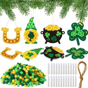 Hungdao 24 Sets St. Patrick's Day DIY Pom Poms Craft Kit St. Patrick's Day Decorations Leprechaun Trap Ornaments Lucky Clover Ornaments Kit with Pom Poms, Cards, and Glue for Party Decorations