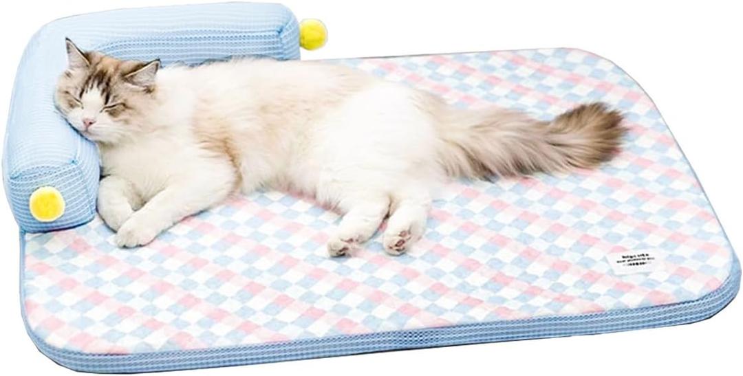All-Season Ice Fabric Cat Bed with Cushioned Pillow/Play Ball/Washable Mat for Cats, Kittens & Small Pets (Blue, 21"x15"x4")