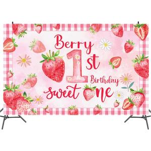 Pink and red Strawberry 1st Birthday Party Decorations,Berry First Birthday Supplies Sweet One Birthday Backdrop for Kids Strawberry Birthday Party Supplies 7FT*5FT