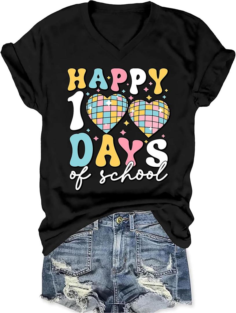 100 Days of School Shirt Teacher Happy 100th Day of School Graphic T-Shirt Casual V Neck Short Sleeve Tee Tops (Black, XL)