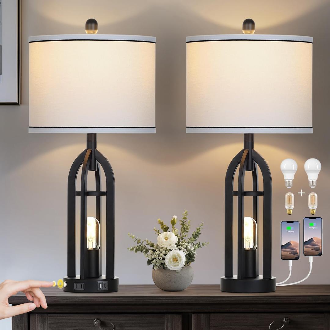 27" Black Table Lamp for Living Room,Black Table Lamps Set of 2 with USB & AC Outlet, 3-Way Dimmable Farmhouse Lamps for Night Stands, Vintage Bedside Lamp for End Tables, Nightstand Lamps for Bedroom (Black lamps body-White shade)