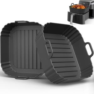 Square Silicone Air Fryer Liners 2 Pack, Compatible with Ninja AF141 181, 8.5 Inch Air Fryer Liners for COSORI 5-6.5 QT, Reusable Silicone Basket, Air Fryer Accessories (Black)