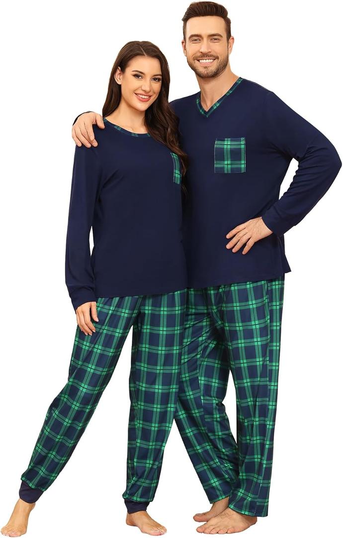 SWOMOG Couple Matching Pajamas Plaid Long Sleeve Christmas Pjs for Men and Women Soft Warm Loungewear with Pocket (XXL)