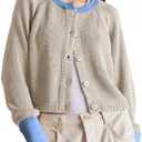 Girls Cardigan Sweater Kids Color Block School Uniforms Button Down Long Sleeve Knit Tops Tweens Winter Clothes (Beige)
