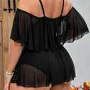 Floerns Women's Plus Size 2 Piece Cold Shoulder Layered Top High Waist Bottoms Tankini Swimsuit Black 1XL