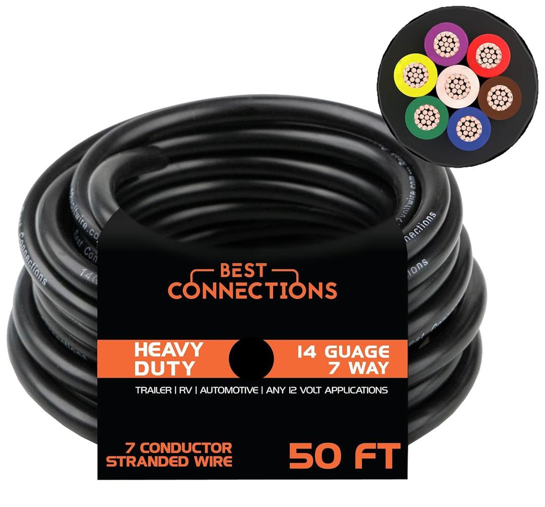 7 Way Trailer Wire (50 Feet)  Heavy Duty 14 Gauge 7 Conductor Insulated Cable  Durable, Weatherproof, Color-Coded 7 Way Trailer Wiring Extension for RV Trailer and Automotive