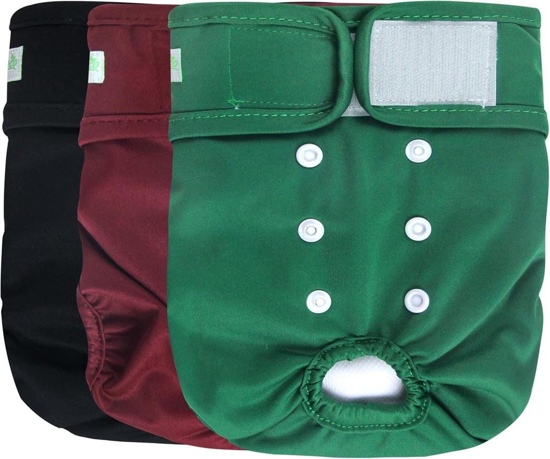 wegreeco Washable Female Dog Diapers (Pack of 3) (Medium (12"-15" Waist), Burgundy, Black, Jade)