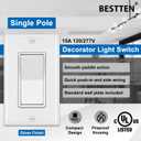 BESTTEN 10 Pack Single Pole Decorator Light Switch with Wallplate, 15A 120/277V, Rocker Paddle Wall Switch, On/Off Interrupter for LED and Other Lamps