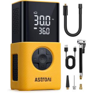 AstroAI Tire Inflator L7S Portable Air Compressor Cordless Bike Air Pump with Digital Dual Values Display, 150 PSI Car Tires Pump with LED Lights Air Pump for Auto, Motorcycles, Bikes, Balls (Yellow-Silicone)