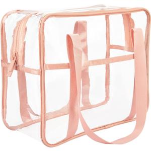 HAOGUAGUA Extra Large Clear Cosmetic Makeup Bag, Transparent PVC Tote Shoulder Bag Stadium Approved, Waterproof Clear Toiletry Carry Pouch Makeup Artist Bag Diaper Bag (Pink)