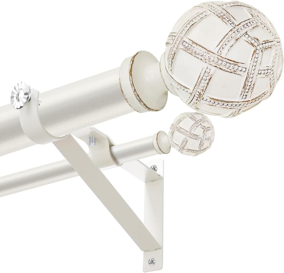 1 Inch Heavy Duty Adjustable Double Curtain Rod for Windows 48 to 84 Inches - Weathered White Boho Farmhouse Double Curtain Rod with Decorative Finials - for Living Room, Bedroom, Easy to install