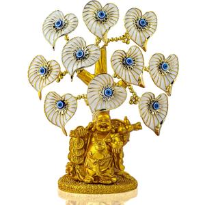 Blue Evil Eye Money Tree with Painted Golden Buddha Statue White Artificial Flowers Home Office Protection Decoration Feng Shui Ornament