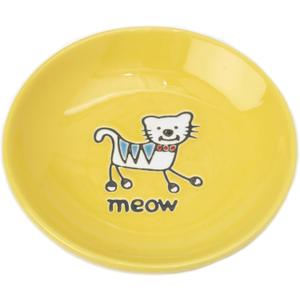 PetRageous 11019 Silly Kitty Dishwasher and Microwave Stoneware Cat Saucer 5-Inch Diameter 2.5-Ounce Capacity for Wet or Dry Cat Food Great For All Cats, Yellow