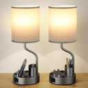 Grey Bedside Table Lamps for Bedroom Set of 2 - Nightstand Light with AC Outlet and USB A & C for Charging, 3 Color Temperatures Desk Lamp with Pen Holder & Phone Stand for Living Room/Dorm/Office