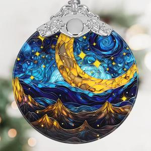 Retro Moon Star Stained Glass Hanging Ornament - Christmas Tree Decoration, Holiday Ornament, Gift Idea