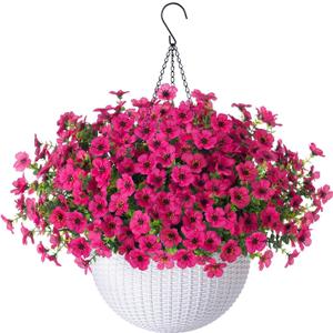 HyeFlora Artificial Faux Hanging Flowers Plants Basket for Outdoor Outside Porch Spring Decoration, Fake Silk Hotpink Daisy UV Resistant Look Real in Planter for Home Patio Balcony Garden