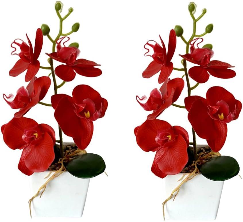2 Pack Artificial Orchid Flowers with Vase,10 Inches Artificial Plant Bonsai Silk Flowers Butterfly Orchid with Pot for Wedding Office Home Decor Indoor Centerpieces (Red)