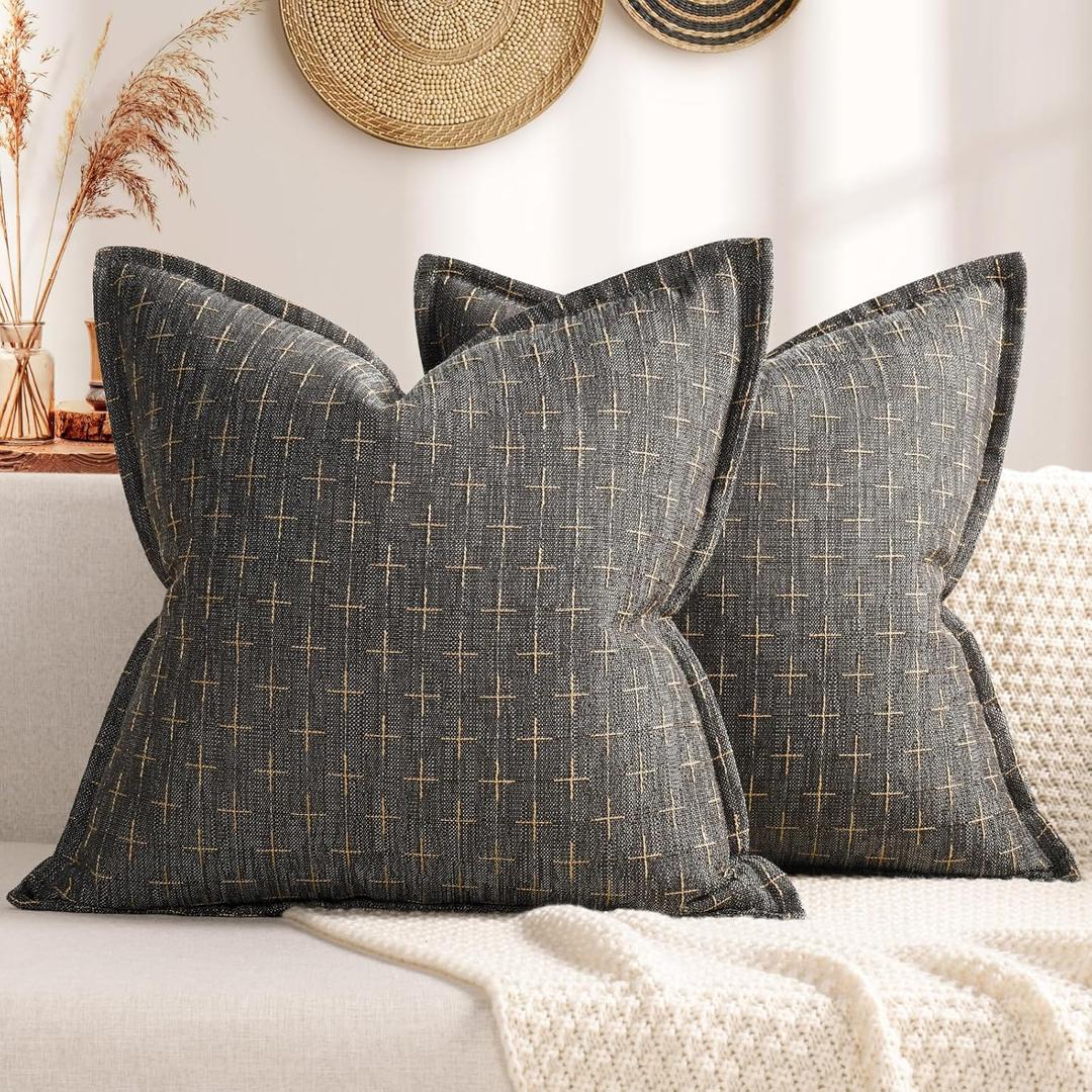 ZWJD Pillow Covers 18x18 Set of 2 Soft Polyester Textured Pillow Covers with Stylish Flange Edge Cozy Farmhouse Throw Pillows for Couch Bed Sofa Living Room (Dark Gray)