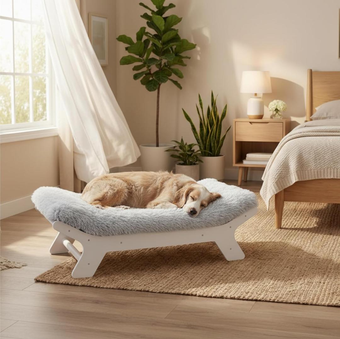 Muihood Wood Elevated Dog Bed Frame and Egg Crate Foam Mattress, Luxurious Suitable for Pets Up to 80 lbs, White, L