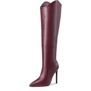 Elisabet Tang Women's Knee High Boots Pointed Toe Tall Boots 4 In Stiletto Heel Stylish Wide Calf Slip on High Heel Booties for Women Winter Long Boot Shoes (11, Wine Red)