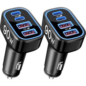 90W Fast Car Charger USB C, 2 Pack 4-Port Cigarette Lighter USB Charger Super Fast Charging, Multiport Car Phone Charger Accessories for iPhone 17/16/15/14/13/12 Pro Max, iPad, Galaxy, Tablet, Android