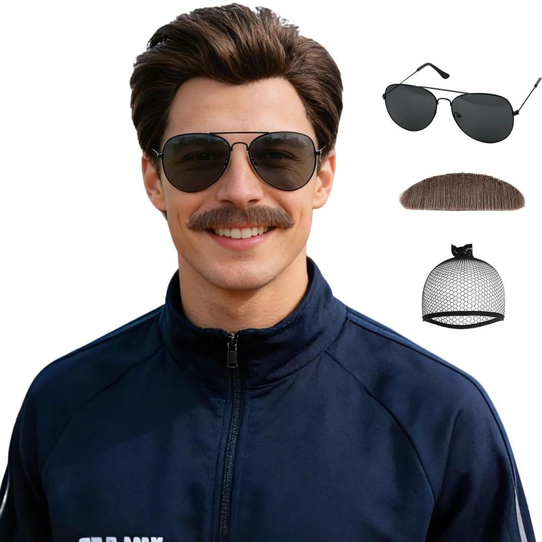 Mens Short Brown Wig + Mustache + Sunglasses + Wig Cap for 70s 80s Costume Funny Synthetic Male Wigs for Cosplay Halloween Party